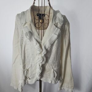 Linen Cotton Blend Ruffled Sequin Jacket Blazer Creamy White Size 16